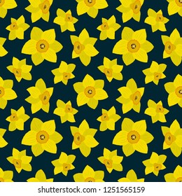 Seamless pattern with yellow daffodils on a dark blue background. Floral background. Vector illustration.