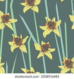 Seamless pattern with yellow daffodils on green background
