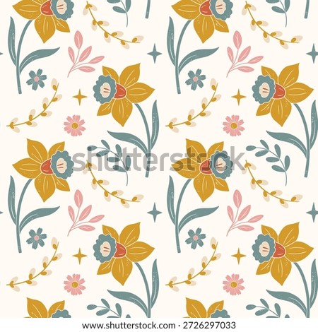 Seamless pattern with yellow daffodils and spring flowers. Botanical floral springtime background with texture