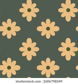 Seamless Pattern of Yellow Daisies on a Green Background. Charming floral pattern featuring bright yellow daisy flowers set against a green background. Perfect for textile design, wallpapers