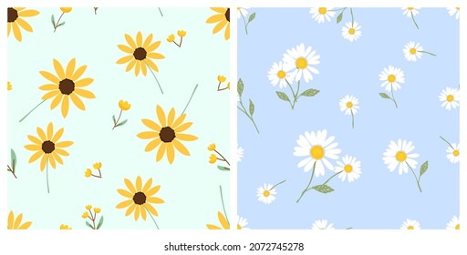 Seamless pattern and yellow daisy flower pastel green background  Seamless pattern and retro white daisies blue background vector illustration  Cute   sweet hand drawn floral print 
