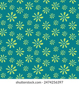 A seamless pattern of yellow daisy-like flowers across a vibrant teal backdrop, conveying the cheerful essence of spring. This pattern infuses a sense of freshness and positivity