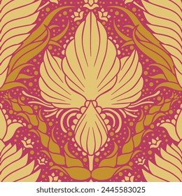 Seamless pattern of yellow Damask motifs on a magenta background. Floral abstract repeat background.