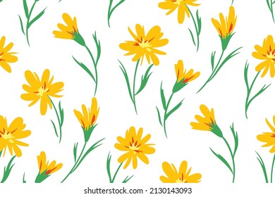 Seamless pattern with yellow dandelion flowers on a white background. Simple composition with artistic flowers. Summer floral print, romantic botanical background with isolated flowers. Vector.