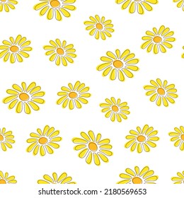 Seamless pattern with yellow dandelions or daisy flowers background texture vector. Floral fabric print. Gift wrapping paper. Summer or spring backdrop. Repeating tile.Abstract design template element
