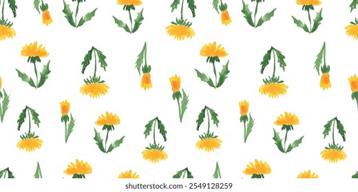 Seamless pattern of yellow dandelions flowers, watercolor hand drawings, vector background, textile, fabric, paper 