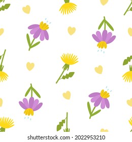Seamless pattern with yellow dandelions and lilac flowers. Botanical vector illustration, on a white background. For background, printing on paper or fabric, design or decor