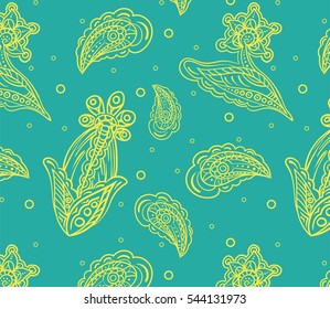 Seamless pattern with yellow detailed indian flowers on blue background
