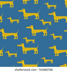 Seamless pattern of yellow dogs on a blue background 