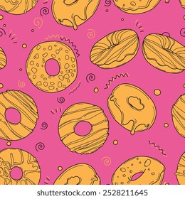 Seamless pattern with yellow donuts on a bright pink background, creating a cheerful and bright mood. Appetizing donuts with icing and sprinkles are perfect for creating stylish and positive designs.