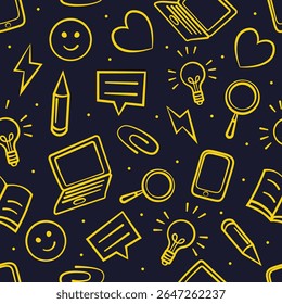 Seamless pattern with yellow doodle icons representing education and creativity on a dark blue background, ideal for websites, blogs, social media and many other projects