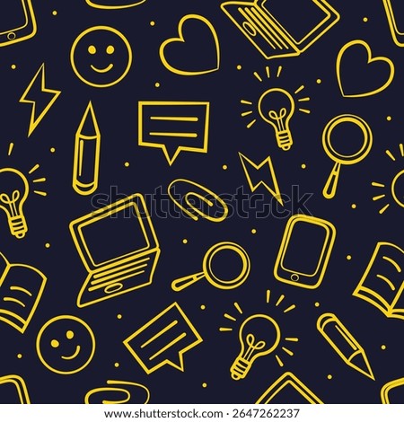 Seamless pattern with yellow doodle icons representing education and creativity on a dark blue background, ideal for websites, blogs, social media and many other projects