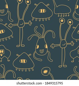 Seamless pattern with yellow doodle monsters at dark blue background. Vector illustration. Perfect for kids bedroom, nursery decoration, posters, wrapping paper and wall decorations.