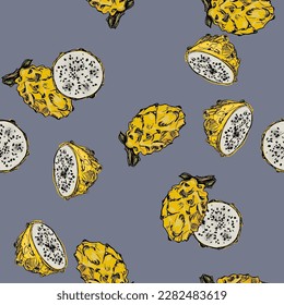 Seamless pattern with yellow dragon fruit or pitaya. Pitahaya cactus. Selenicereus megalanthus. On blue background.