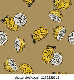 Seamless pattern with yellow dragon fruit or pitaya. Pitahaya cactus. Selenicereus megalanthus. On beige background.