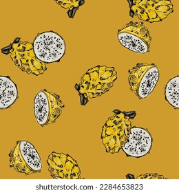 Seamless pattern with yellow dragon fruit or pitaya. Pitahaya cactus. Selenicereus megalanthus. On yellow background.