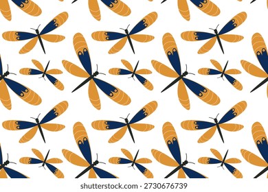 Patrón sin fisuras con una libélula amarilla con patrones de alas azules. Mariposa de verano. Ilustración de insecto de primavera. Hermosas polillas tropicales de verano dibujadas a mano. Estilo plano.
