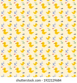 Seamless pattern of yellow duck with fish and plant