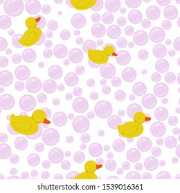 seamless pattern yellow ducks, pink soap bubbles