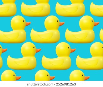 Patos amarelos padrão sem emenda. Padrão realista de brinquedos de pato de borracha amarelo em padrão sem costura. Design de banner conceitual brilhante. Vetor de borracha amarela bonito patos fundo sem costura.