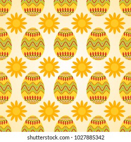 Seamless pattern of yellow easter eggs with sunny flowers