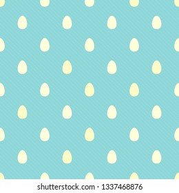 Seamless pattern with yellow Easter eggs on powder blue stripy background. Cute Vector illustration. Soft pastel wallpaper, ornament, texture