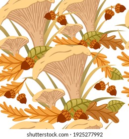 Patrón sin foco crecimiento de hongos comestibles amarillos en bosque con hojas amarillas y verdes ilustración vectorial