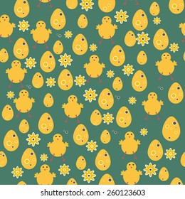 Seamless pattern with yellow eggs and little chicks on green background for Happy Easter celebration.