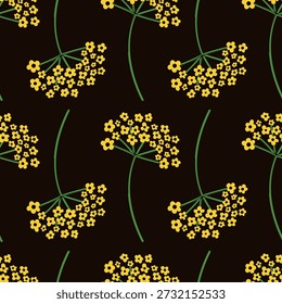 Seamless pattern with yellow elderflowers or wild fennel on dark brown background.