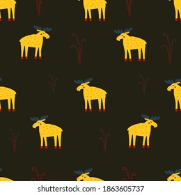 Seamless pattern with yellow elks on dark background. Design for fabric and paper, surface textures.