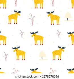 Seamless pattern with yellow elks in snowy forest. Design for fabric and paper, surface textures.