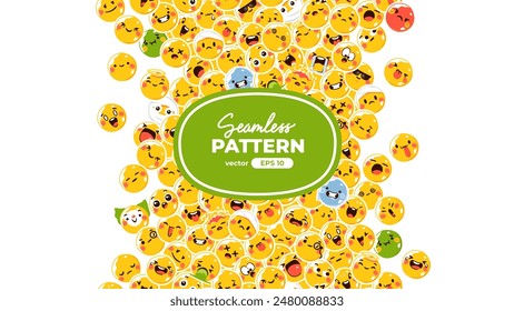 Seamless pattern with yellow emoticons. Emoji set. Vector illustration eps10. Funny faces with facial expressions, UI interface chat icons for messenger app. Social media. Cartoon smile. Flat style.