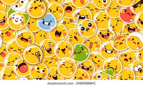 Seamless pattern with yellow emoticons. Emoji set. Vector illustration eps10. Funny faces with facial expressions, UI interface chat icons for messenger app. Social media. Cartoon smile. Flat style.