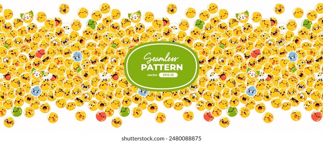 Seamless pattern with yellow emoticons. Emoji set. Vector illustration eps10. Funny faces with facial expressions, UI interface chat icons for messenger app. Social media. Cartoon smile. Flat style.