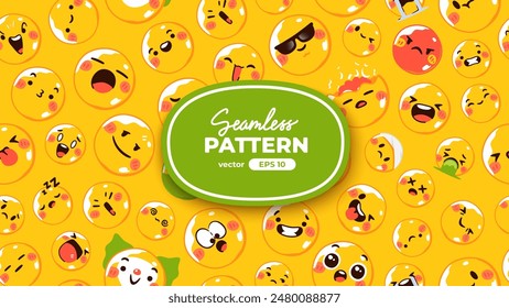 Seamless pattern with yellow emoticons. Emoji set. Vector illustration eps10. Funny faces with facial expressions, UI interface chat icons for messenger app. Social media. Cartoon smile. Flat style.
