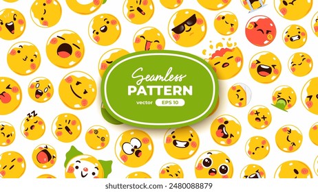 Seamless pattern with yellow emoticons. Emoji set. Vector illustration eps10. Funny faces with facial expressions, UI interface chat icons for messenger app. Social media. Cartoon smile. Flat style.