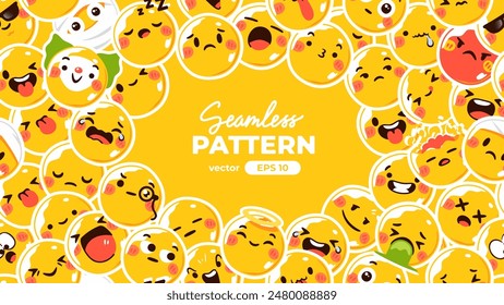 Seamless pattern with yellow emoticons. Emoji set. Vector illustration eps10. Funny faces with facial expressions, UI interface chat icons for messenger app. Social media. Cartoon smile. Flat style.