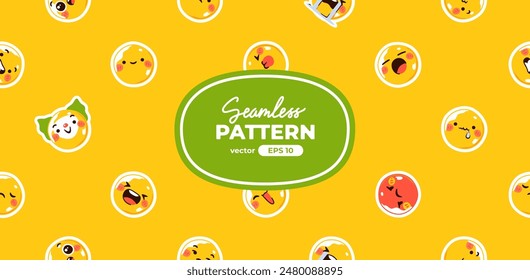 Seamless pattern with yellow emoticons. Emoji set. Vector illustration eps10. Funny faces with facial expressions, UI interface chat icons for messenger app. Social media. Cartoon smile. Flat style.