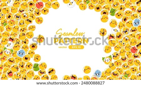 Seamless pattern with yellow emoticons. Emoji set. Vector illustration eps10. Funny faces with facial expressions, UI interface chat icons for messenger app. Social media. Cartoon smile. Flat style.