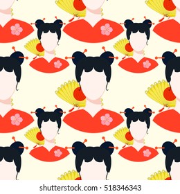 seamless pattern with a yellow fan, Japanese girl vector illustration