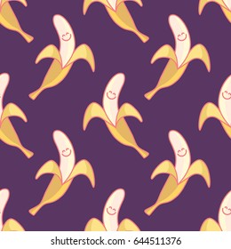 Seamless pattern with yellow fanny smiling bananas. Vector cartoon illustration.
