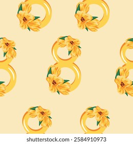 seamless pattern with yellow figures of eight decorated with flower buds, namely yellow tulip on a yellow background for the holiday of March 8