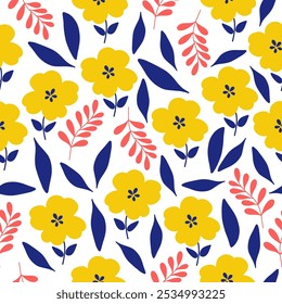 Patrón sin fisuras con flor amarilla en el fondo blanco. Lindo patrón floral dibujado a mano para su tela, fondo de verano, Fondo de pantalla, telón de fondo, textil.	