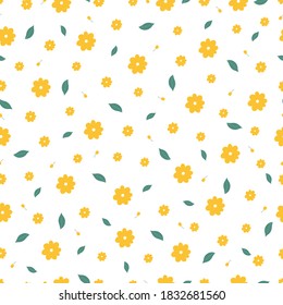 Seamless pattern Yellow flower and green leaf background Hand drawn design in cartoon style, use for print, wallpaper, fabric pattern, textiles. Vector illustration