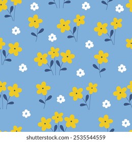 Seamless pattern with yellow flower on blue background. Cute hand drawn floral pattern for your fabric, summer background, wallpaper, backdrop, textile. Vector illustration	