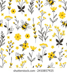 Patrón sin foco con flores y abejas amarillas. Gráficos vectoriales.