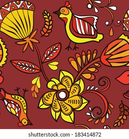 Seamless pattern with yellow flowers and birds on a red background.Vector illustration.