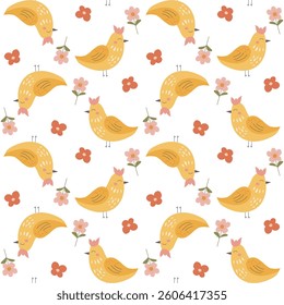 seamless pattern with yellow flowers and birds