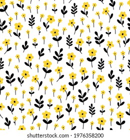 Seamless pattern with yellow flowers and black leaves