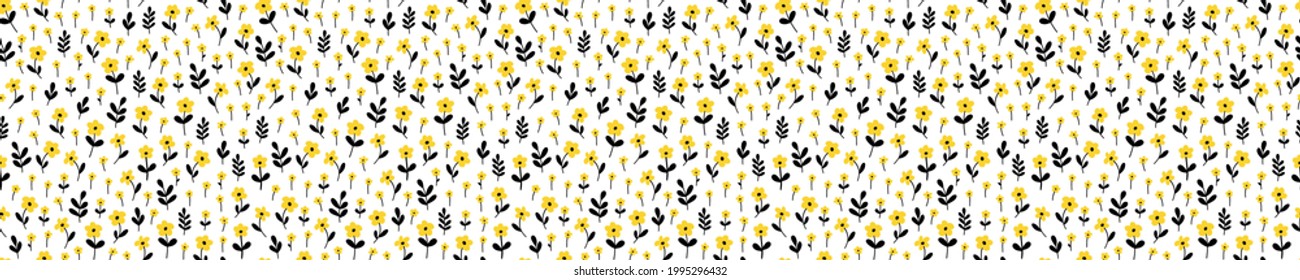 Seamless pattern with yellow flowers and black leaves